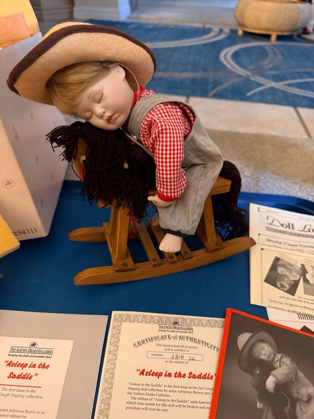 Ashton Drake Galleries Asleep In The Saddle Porcelain Doll on Rocking Horse